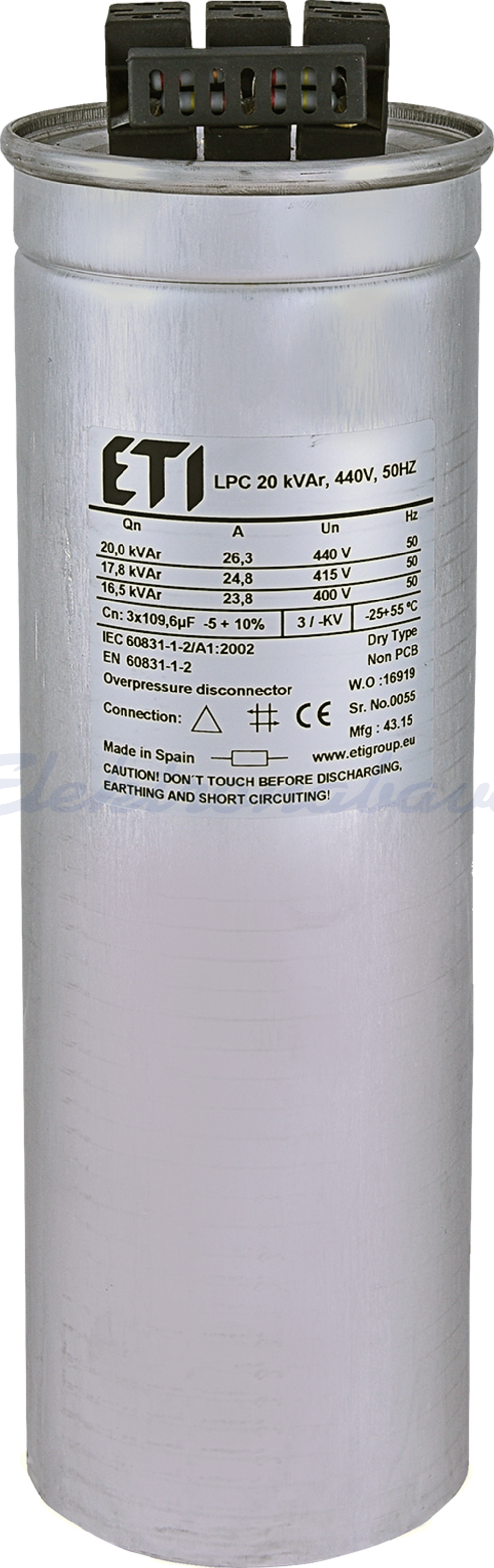Slika izdelka Energetski kondenzator LPC 20kVar 440V 50Hz 3F Okrogel (3x109,6µF)